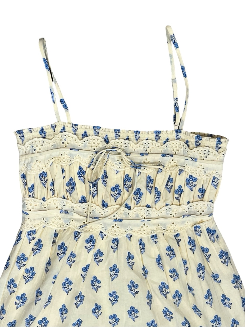Patrons of Peace Cream Blue Floral Cotton Mini Dress XS Cottagecore Boho Prairie - Picture 5 of 11